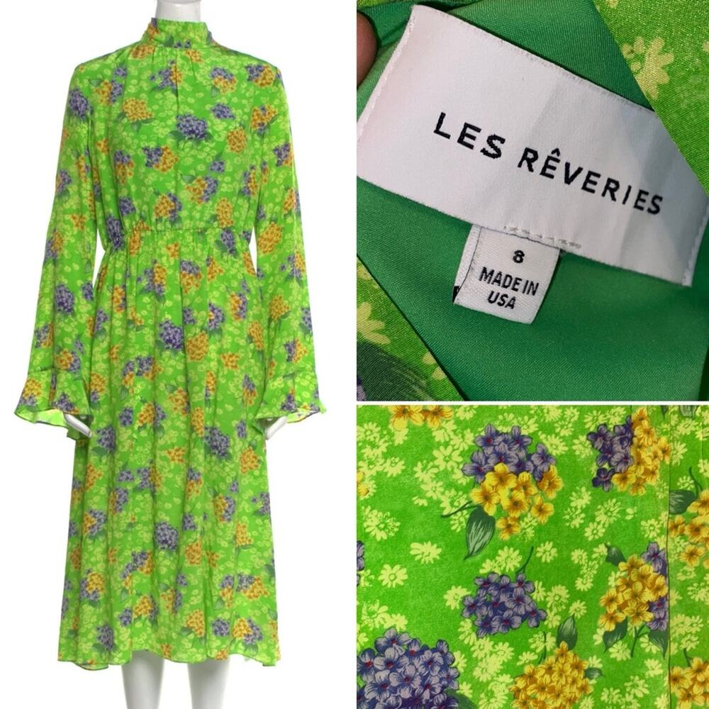 LES RÊVERIES $492 Gathered floral 100% silk crepe de chine midi dress 8 EUC